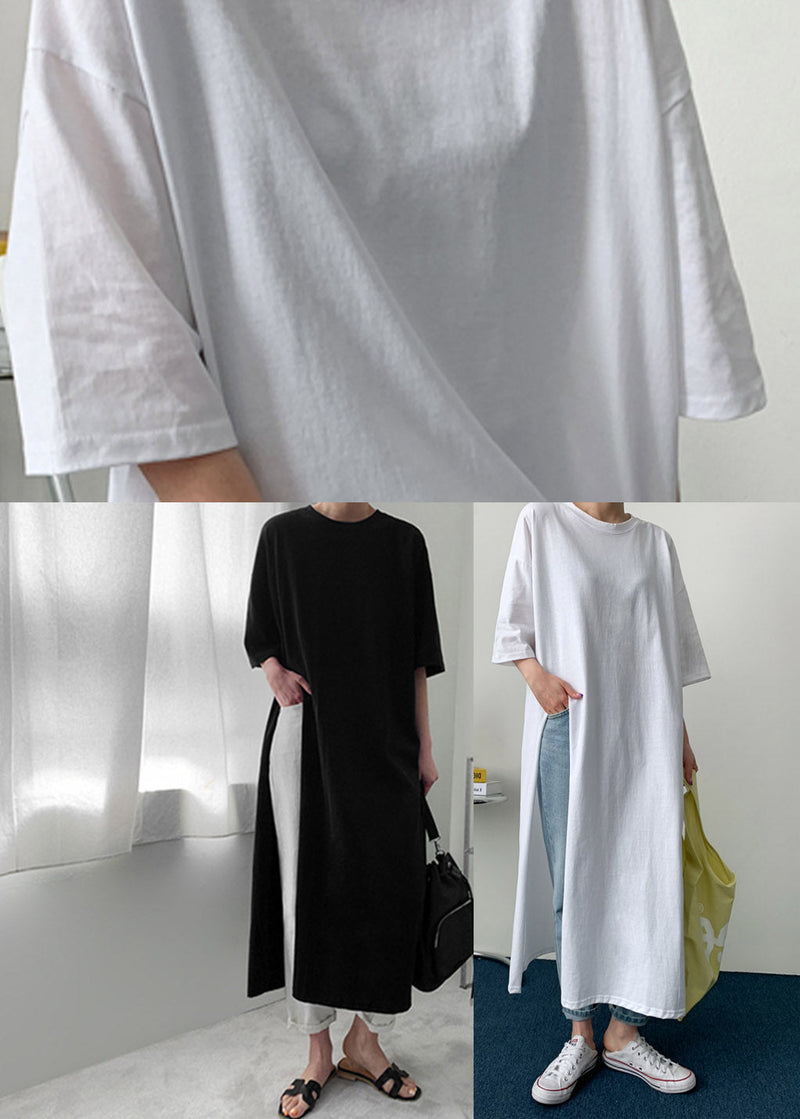 White O-neck Cotton Long T Shirt Half Sleeve