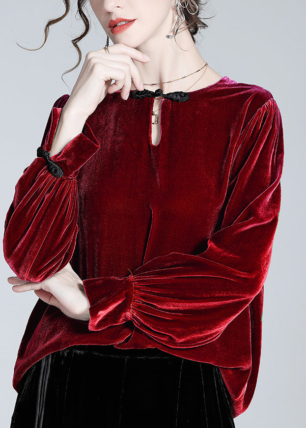 Natural Mulberry O-neck Button Velour Top Spring