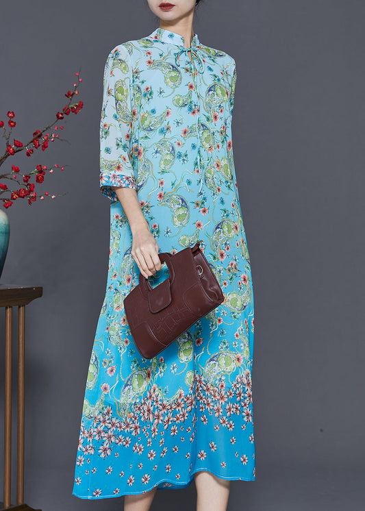 Blue Print Draping Chiffon Long Dresses Summer