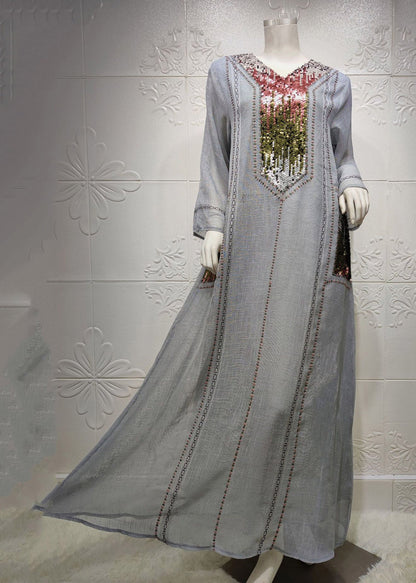 New Grey Style Sequined Embroidered V Neck Long Dress