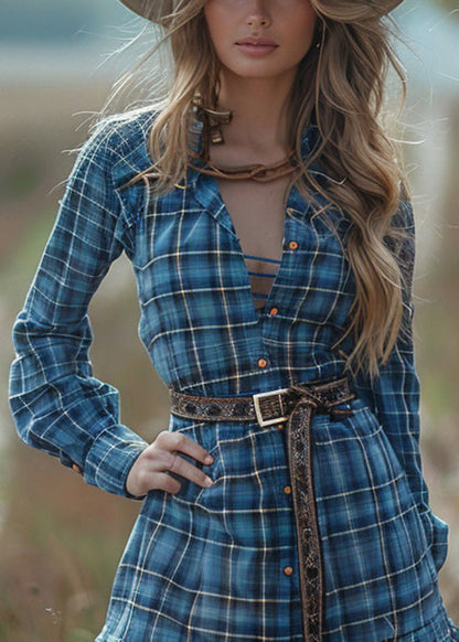Blue Ruffled Plaid Cotton Short Dress Spring