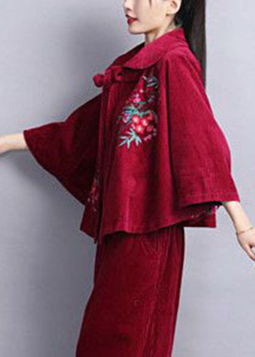 Mulberry Peter Pan Collar Embroideried Corduroy Coats Cloak Sleeves