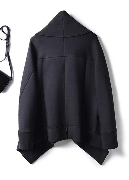 Organic Black Peter Pan Collar Button Cotton Trench Coats Batwing Sleeve