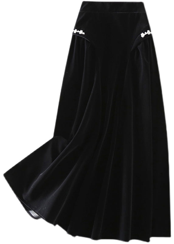 Art Black Zip Up Silk Velour a Line Skirts Spring