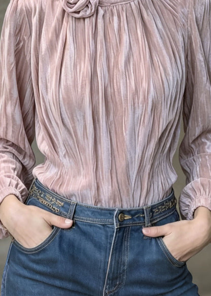 French Purple Wrinkled Velour Shirt Top Spring