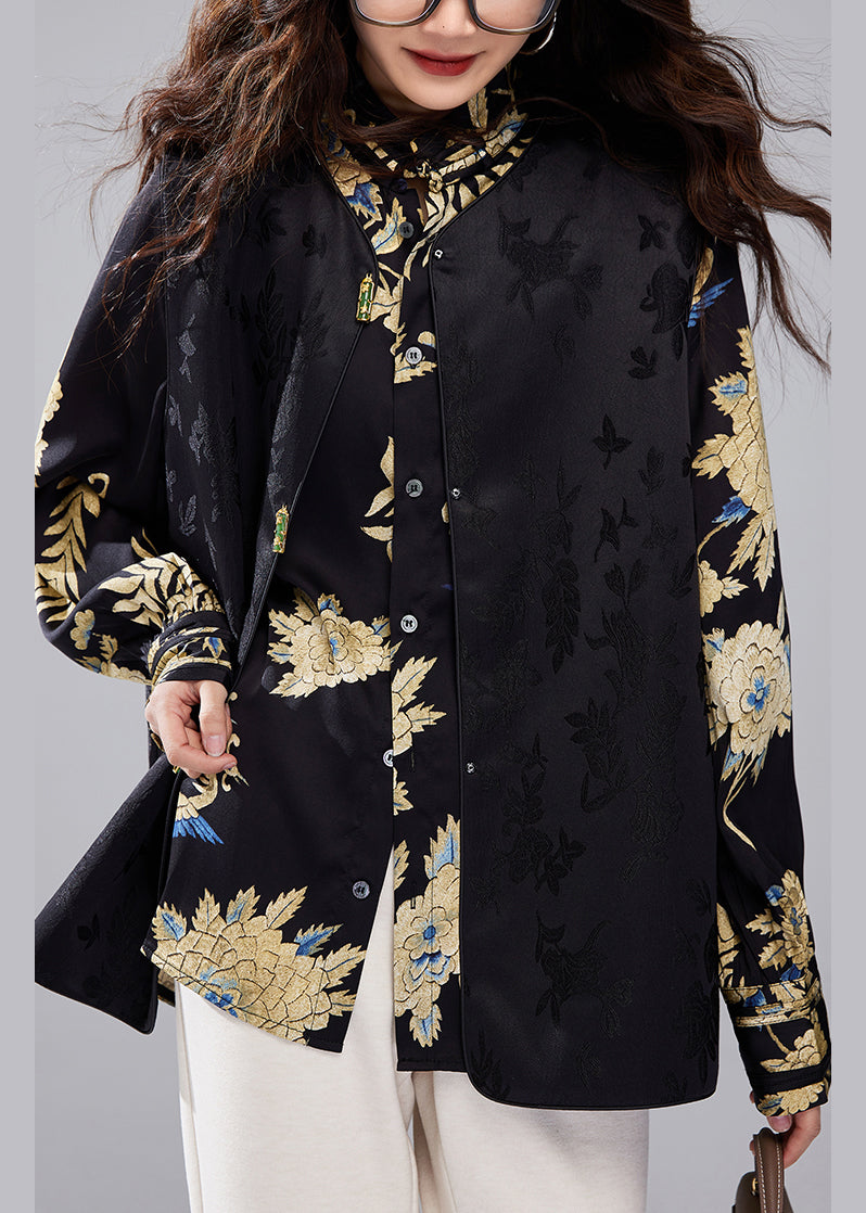 Black Stand Collar Button Print Silk Blouses Fall