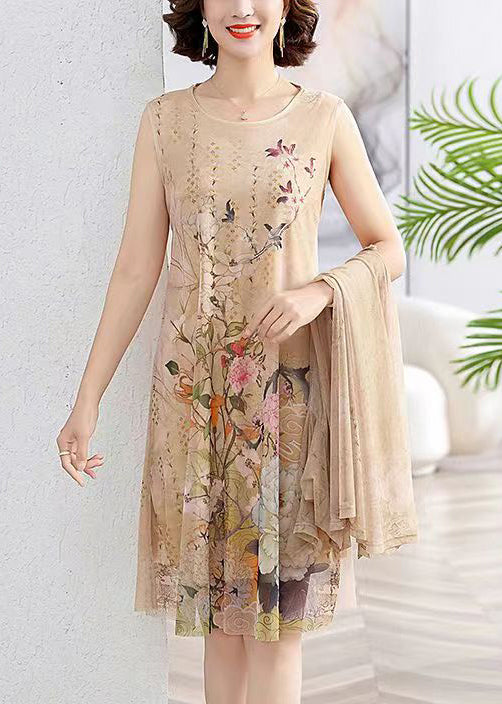 Loose Khaki Cardigan and Dress Chiffon Two Piece Set Summer
