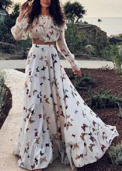 White Butterfly Print Tops and Skirts Cotton Two Pieces Set Spring