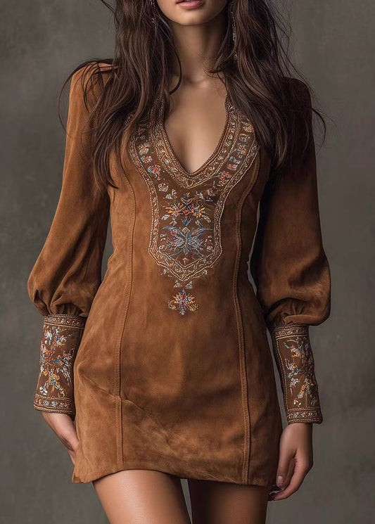 Brown Embroidered Faux Suede Mid Dress Spring