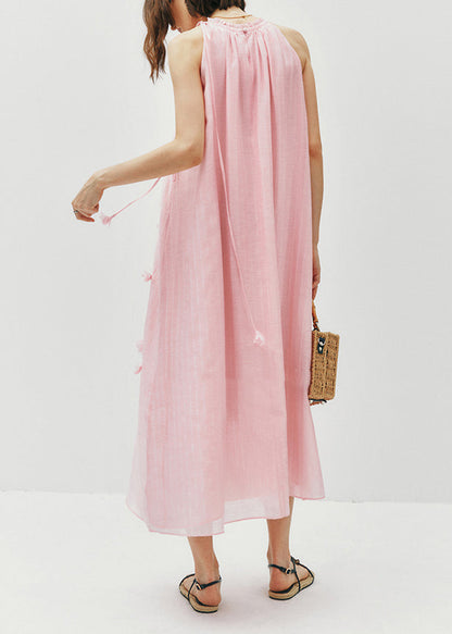 Pink Ruffled Cotton Long Dress Sleeveless