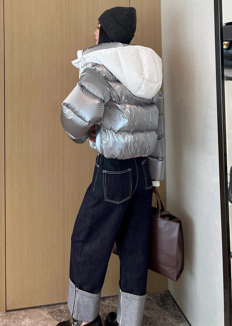 Silvery Hooded Patchwork Duck Down Down Coat Winter