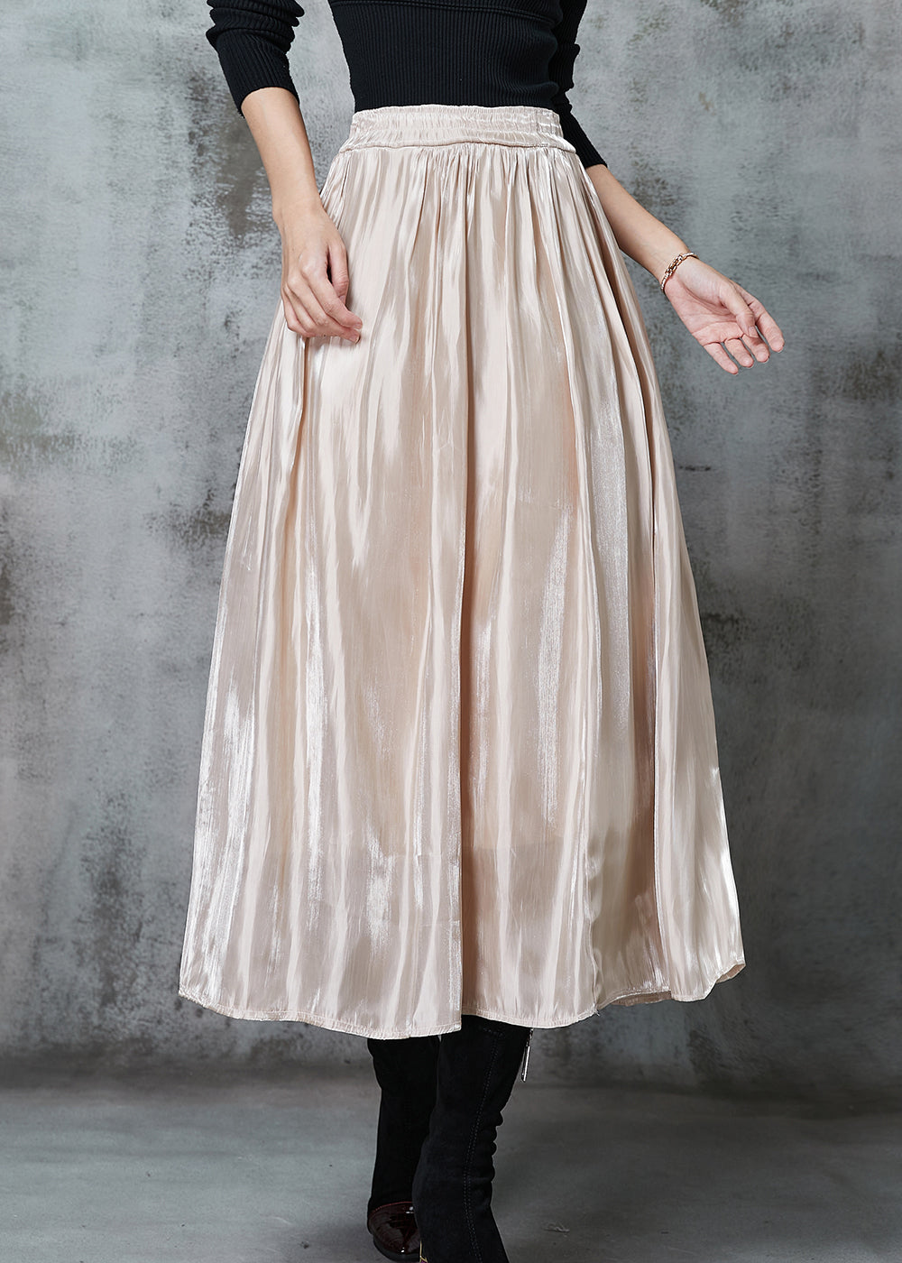 Apricot Draping Silk a Line Skirt Elastic Waist Spring