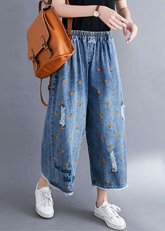 Blue Daisy Embroideried Pockets Cotton Denim Straight Pants Summer
