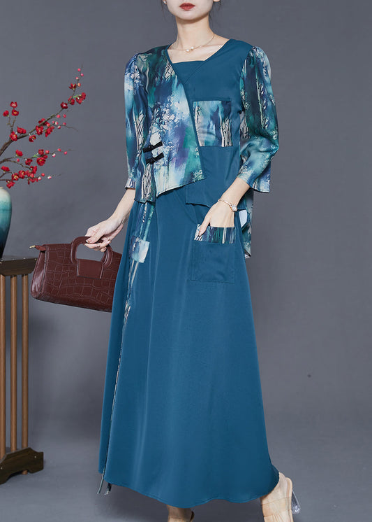 Navy Asymmetrical Patchwork Silk Oriental Dresses Two Piece Set Spring