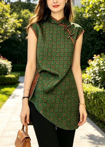 Green Asymmetrical Print Silk Oriental Vest Tops Sleeveless