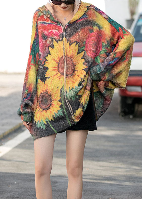 Bat Wing Sleeve Hooded Print Zippered Fall Knit Coat
