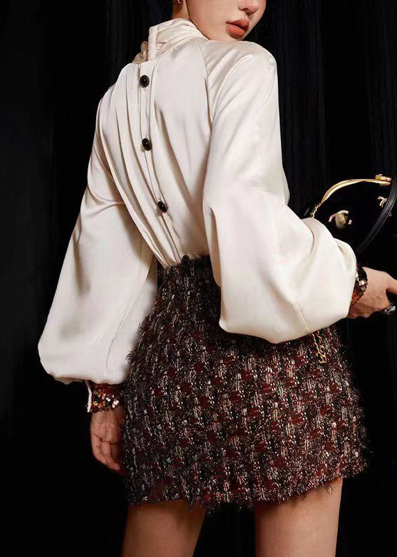 Loose White Sequins Shirts and Skirts Silk Cotton Two Pieces Set Long Sleeve