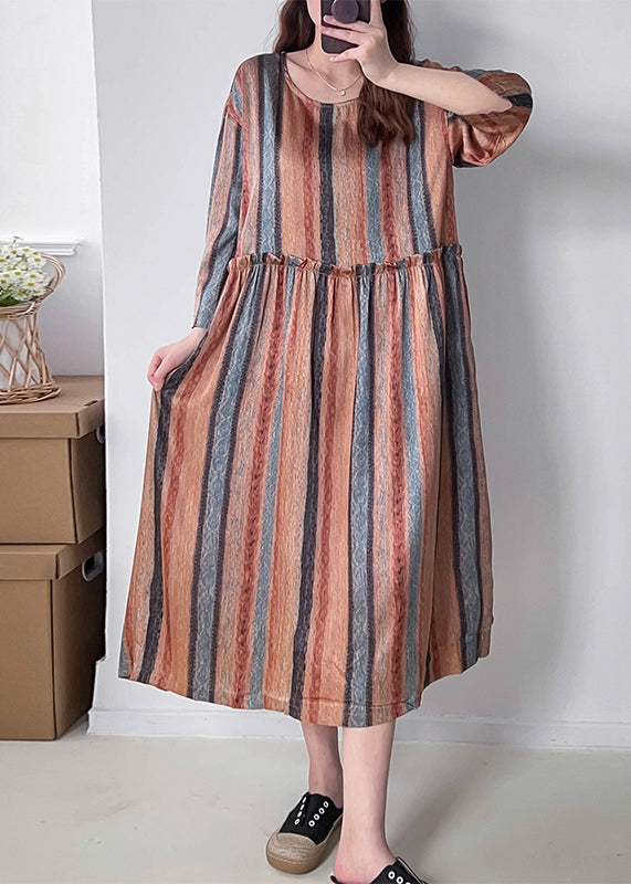 Orange Striped Patchwork Silk Cotto Long Dresses Long Sleeve
