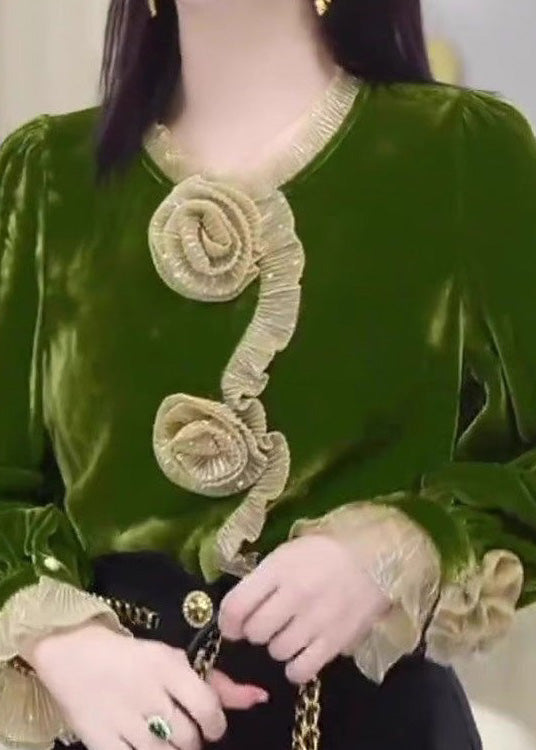 Boutique Green Ruffled Velour Blouse Tops Fall