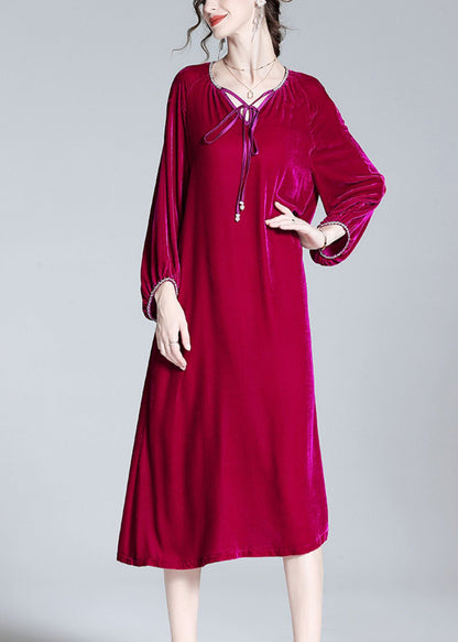 Handmade Red V Neck Neck Tie Velour Maxi Dress Spring