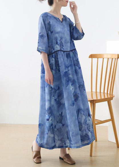 Blue Print V Neck Summer Ramie Vacation Dresses