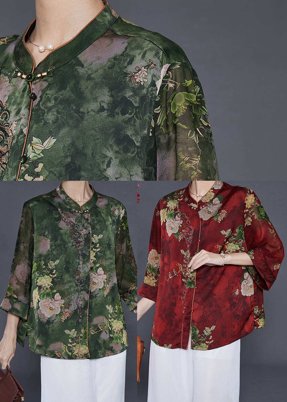 Green Stand Collar Print Silk Shirt Tops Summer
