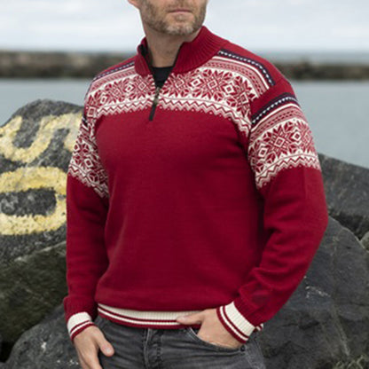 Vintage Warmth Bordeaux Knit Jacquard Icelandic Half Zip Collar Sweater（Unisex ） elevenforest