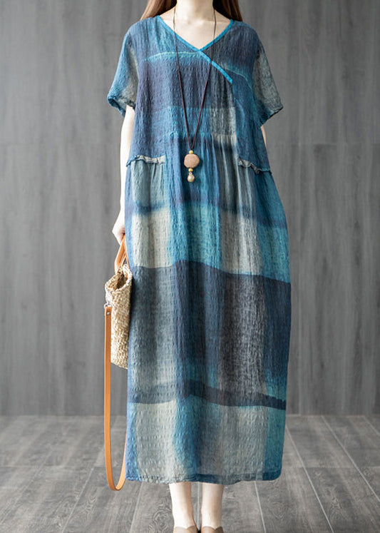 Blue Pockets V Neck Plaid Linen Vacation Dresses Short Sleeve