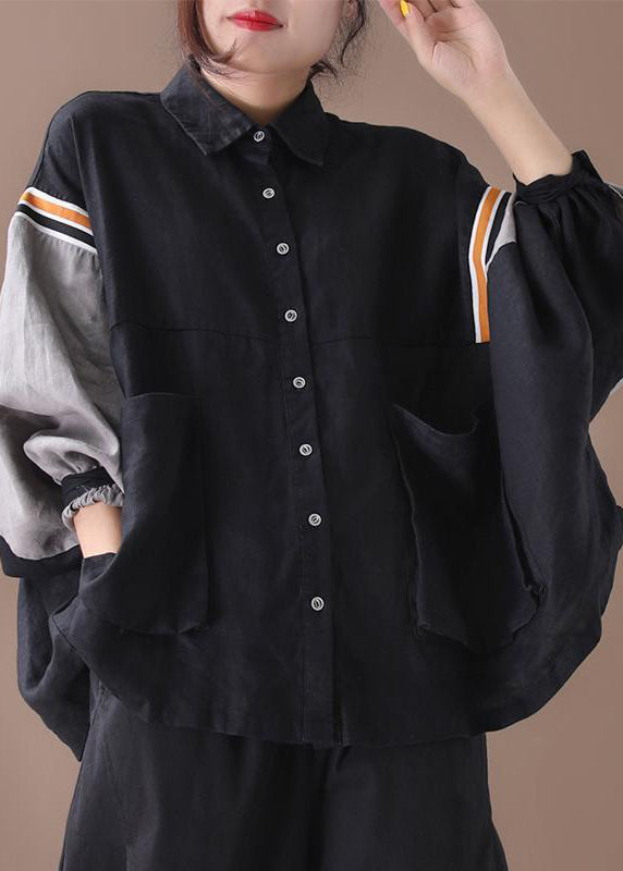 Black Button Pockets Patchwork Cotton Shirt Batwing Sleeve