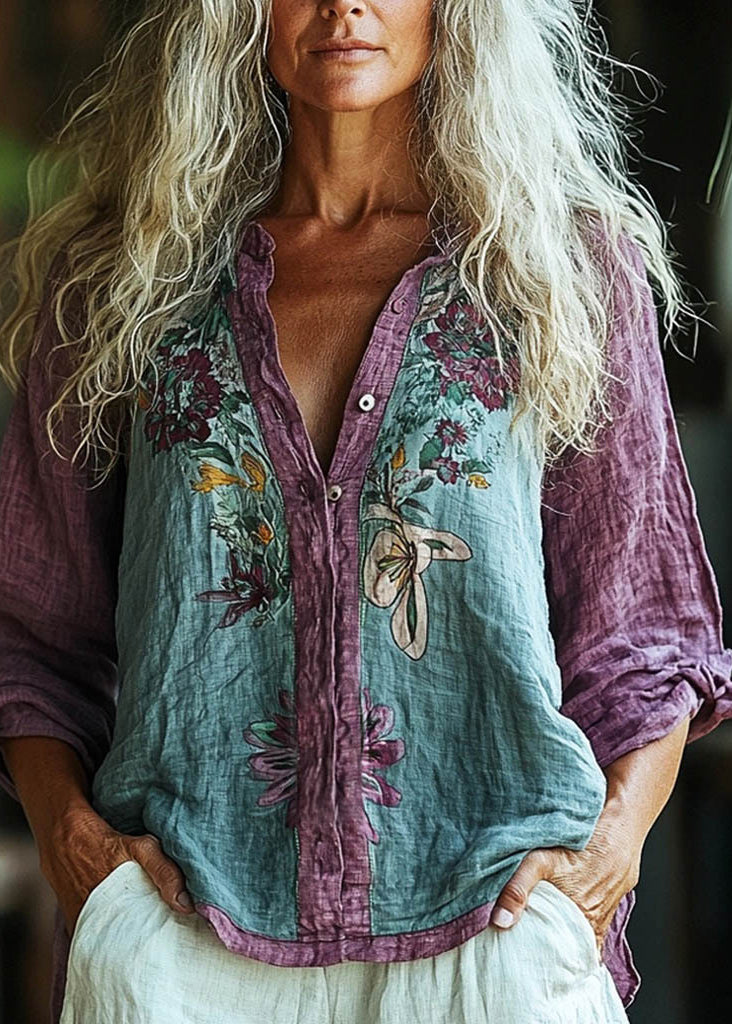 Loose Purple O-neck Print Button Cotton Shirt Spring