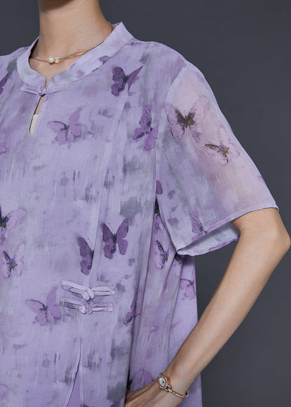 Purple Butterfly Chinese Button Chiffon Fake Two Piece Dresses Summer