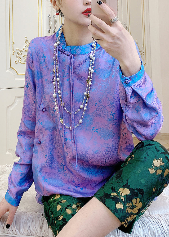 Purple Mandarin Collar Print Button Silk Shirt Top Spring