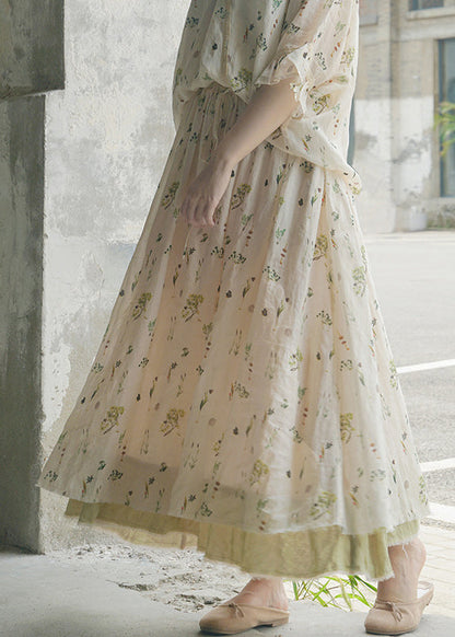 Brief White Elastic Waist Drawstring Print Linen Skirts Spring