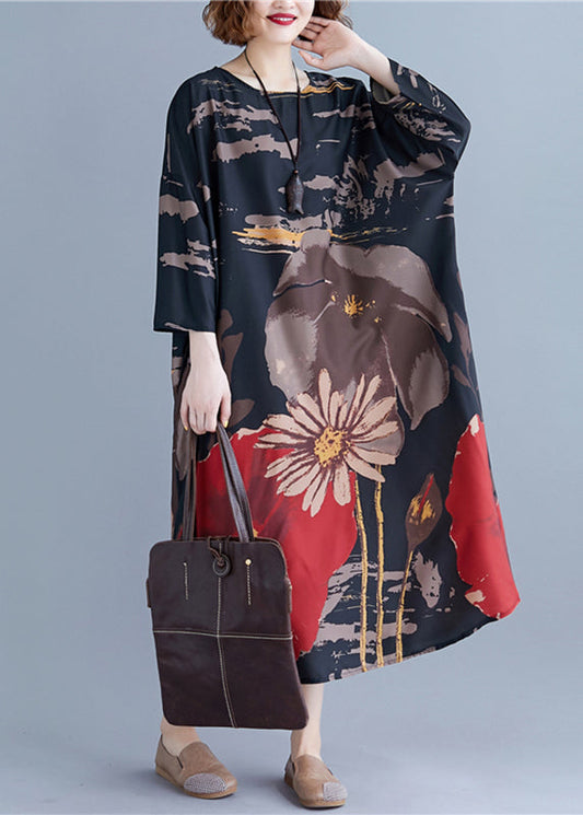 Loose Black O-neck Print Maxi Dress Long Sleeve