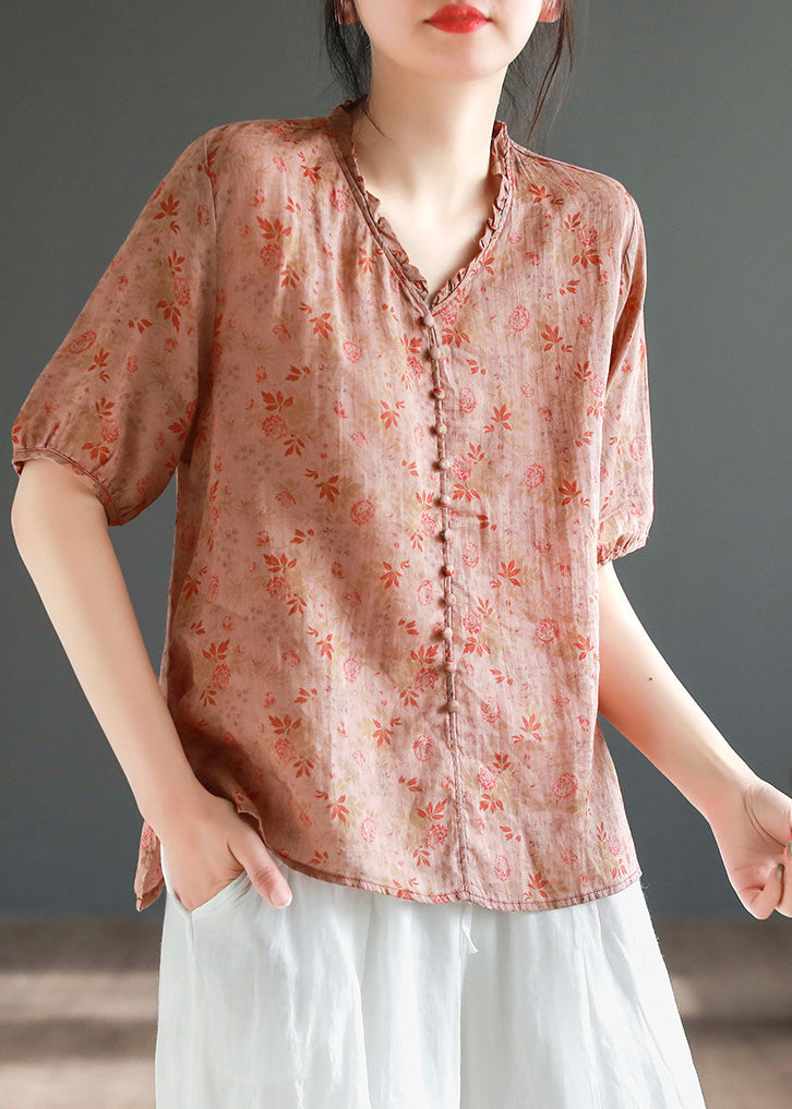 Red V Neck Button Linen Top Short Sleeve