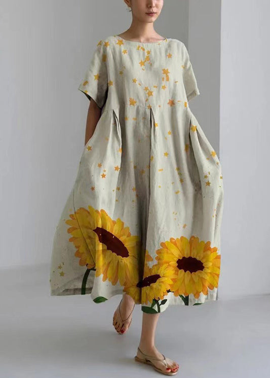 Light Green O-neck Print Long Dresses Short Sleeve