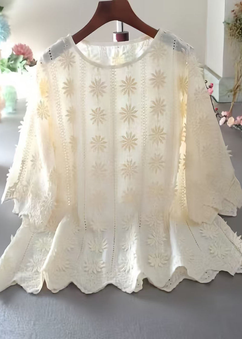 Apricot Embroidered Hollow Out Cotton Top Half Sleeve