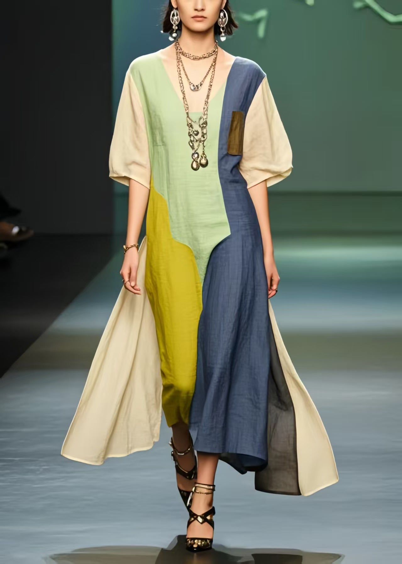 Polychrome Asymmetrical Patchwork Cotton Ankle Dress Summer