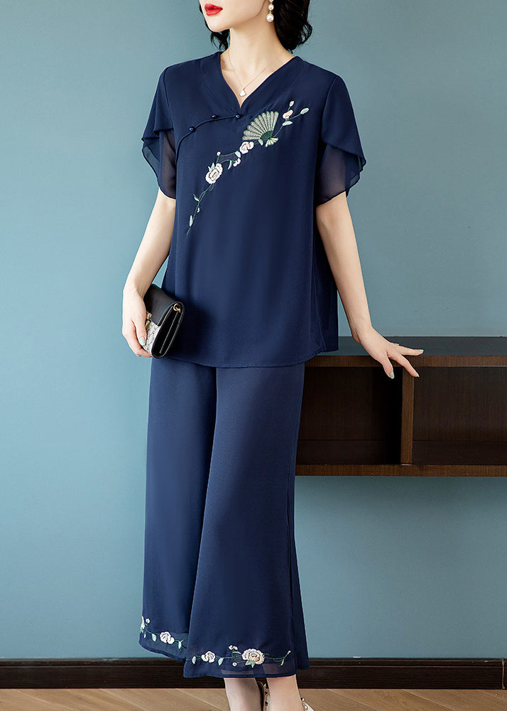 Blue V Neck Embroidered Chiffon Top and Crop Pants Two-piece Set Summer