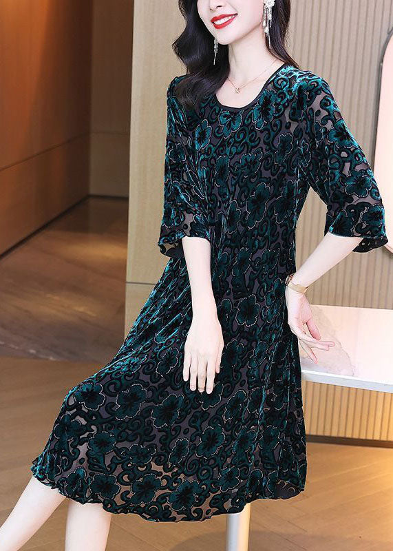Green O-neck Oversized Print Silk Velour Party Dress Half Sleeve Spring