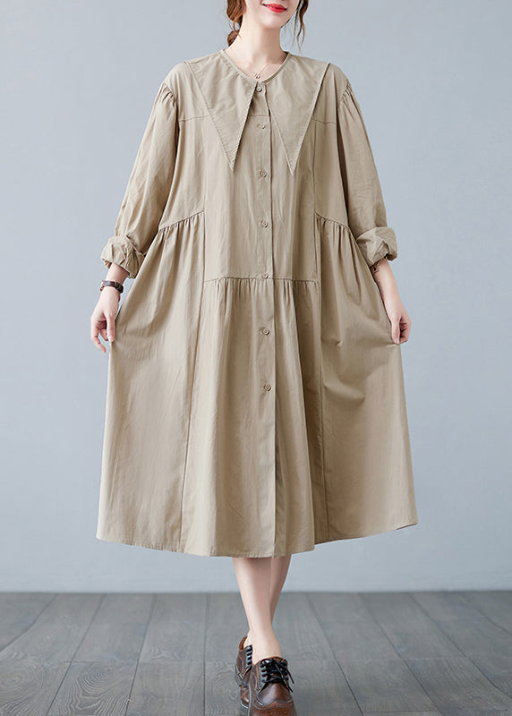 Apricot Sailor Collar Button Wrinkled Long Dress Long Sleeve
