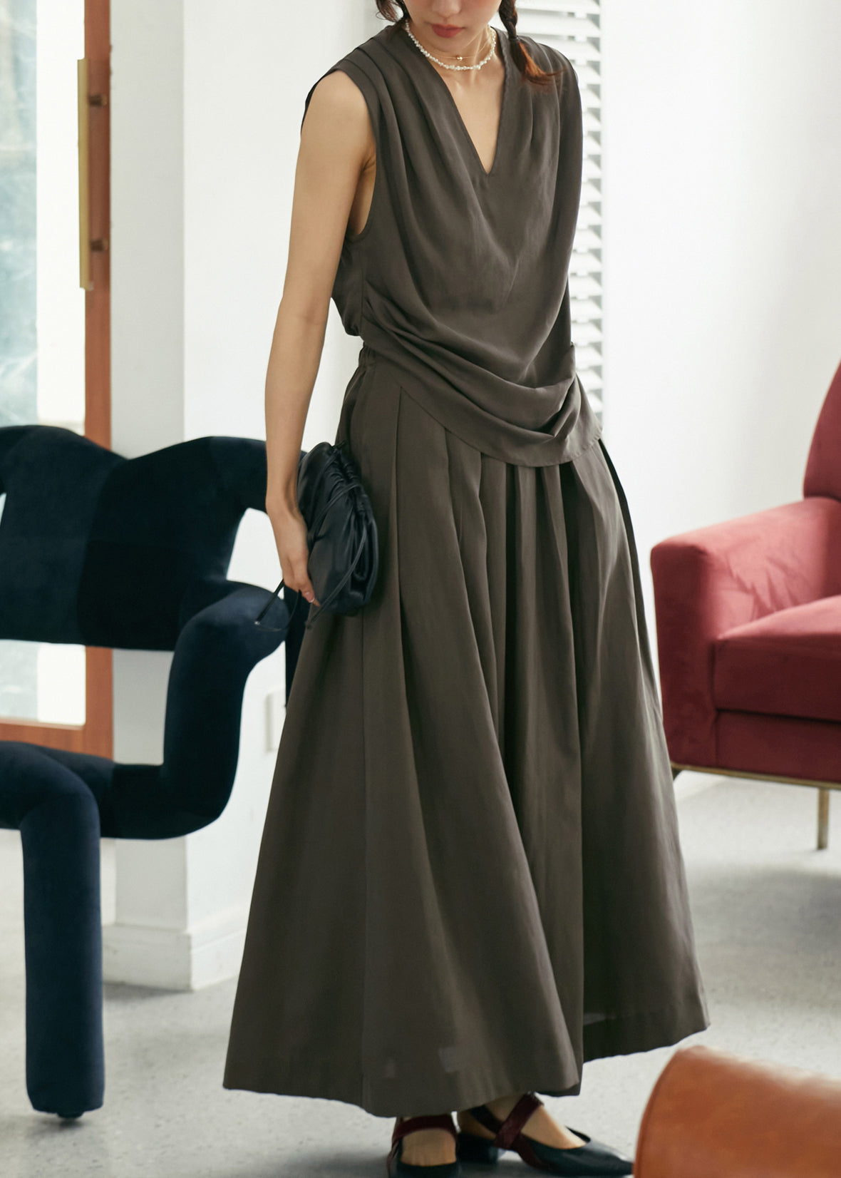 Retro Coffee V Neck Silk Tank Top and Maxi Skirts Two Piece Set Summer