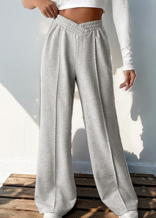 Loose Light Grey Elastic Waist Cotton Pants Spring