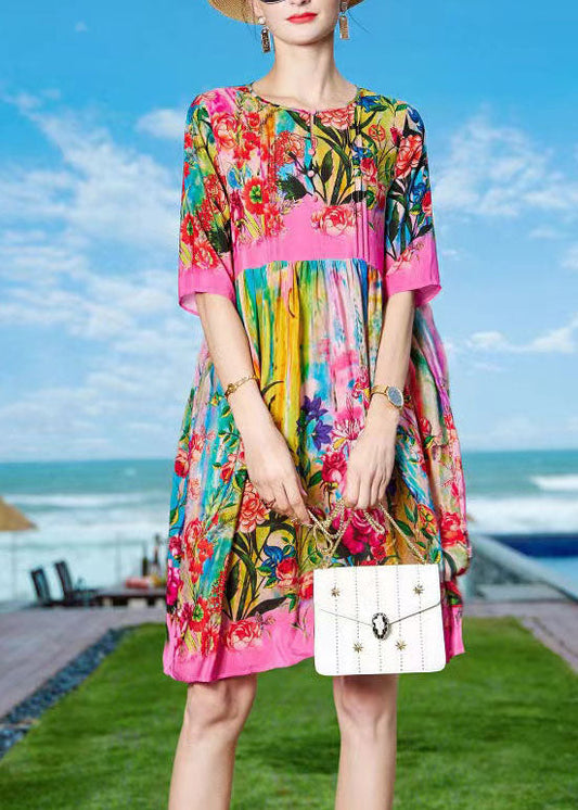 Rose O-neck Print Patchwork Silk Beach Dresses Short Sleeve