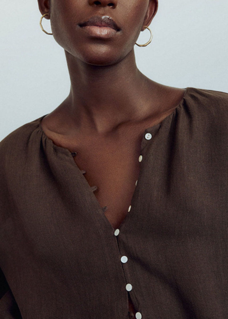 Chocolate V Neck Patchwork Low High Design Shirts Lantern Sleeve