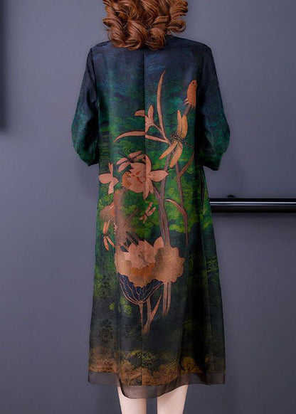 Green Embroideried Patchwork Zippered Silk Dresses Bracelet Sleeve