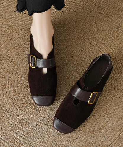 Brown Suede Buckle Strap Splicing Chunky Loafers for