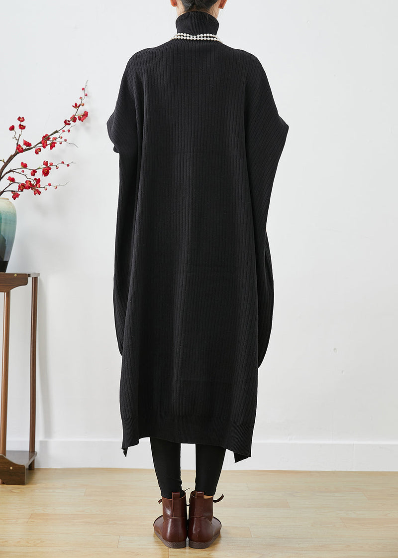 Modern Black Oversized Low High Design Knit Sweater Dress Batwing Sleeve Winter