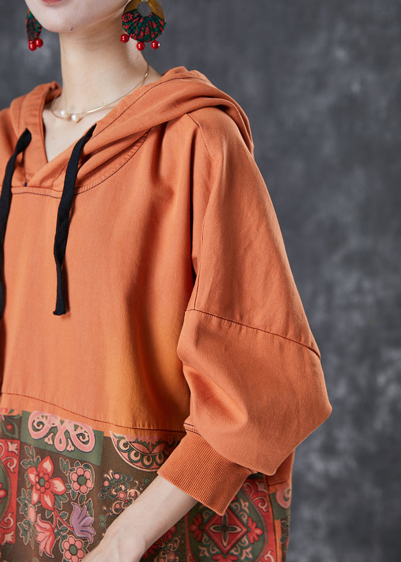 Orange Oversized Patchwork Cotton Pullover Sweatshirt Dress Fall
