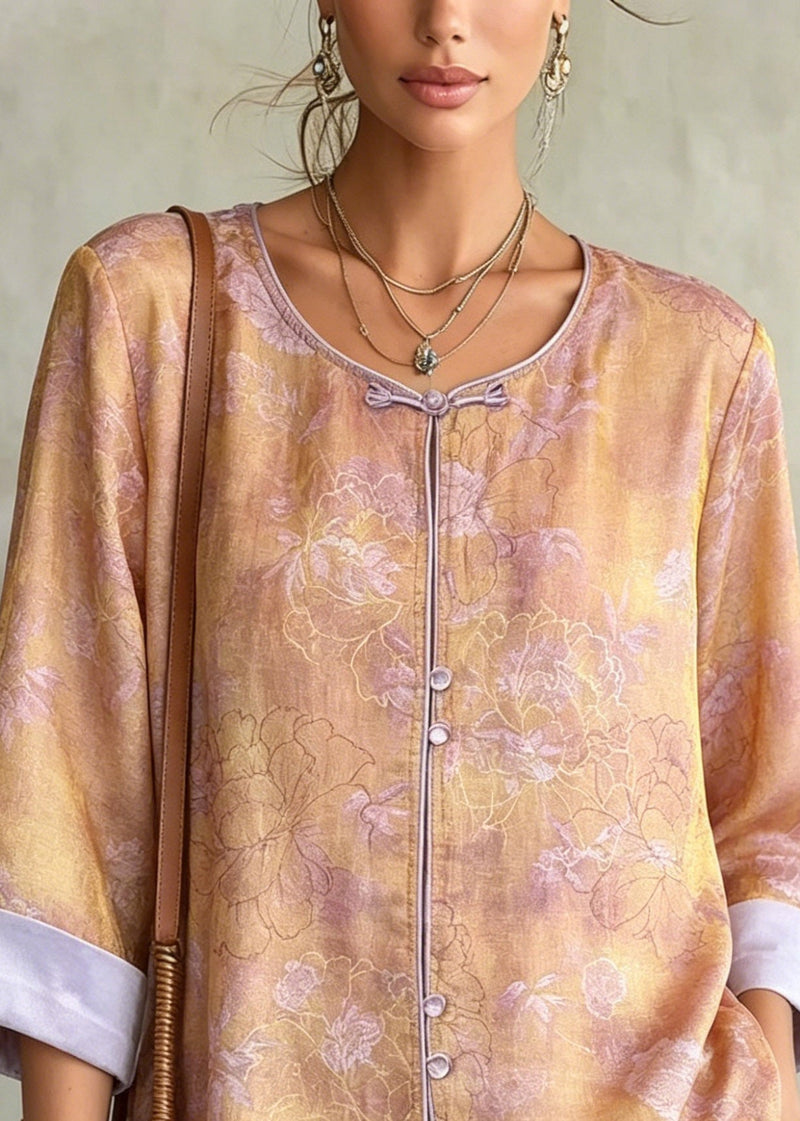 Style Orange O-neck Patchwork Silk Shirts Fall